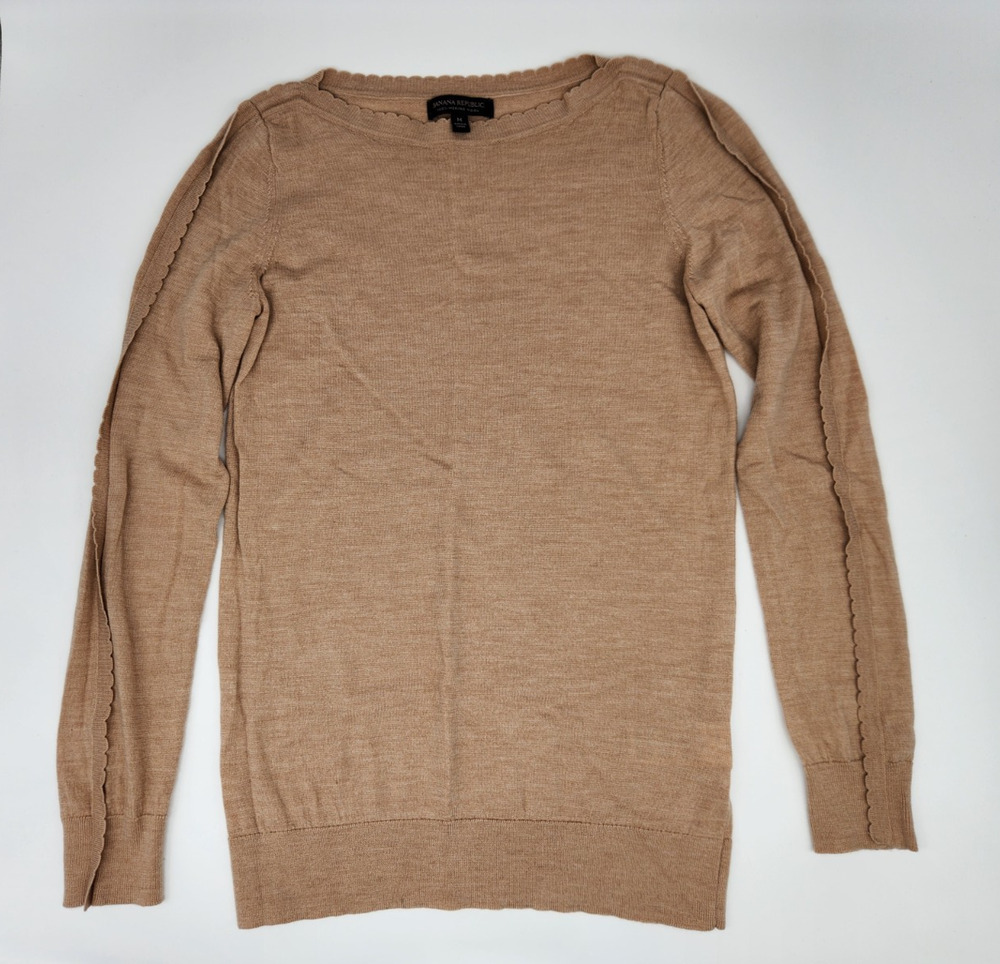 Banana Republic M Women Brown 100% Merino Knit Wool Crewneck Ribbed Trim Sweater